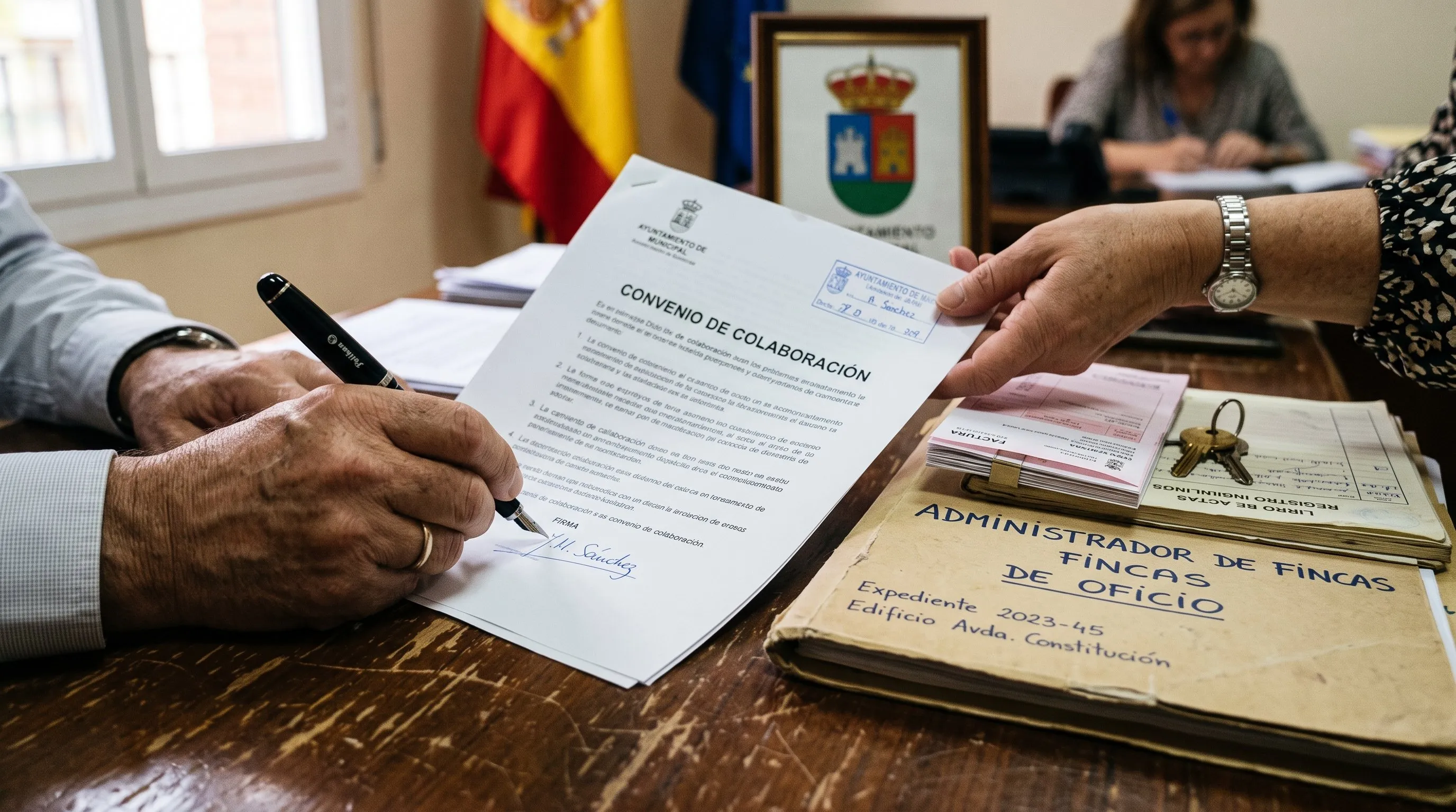 Firma de un convenio de colaboración con el Ayuntamiento junto a una carpeta de expediente de Administrador de Fincas de Oficio.