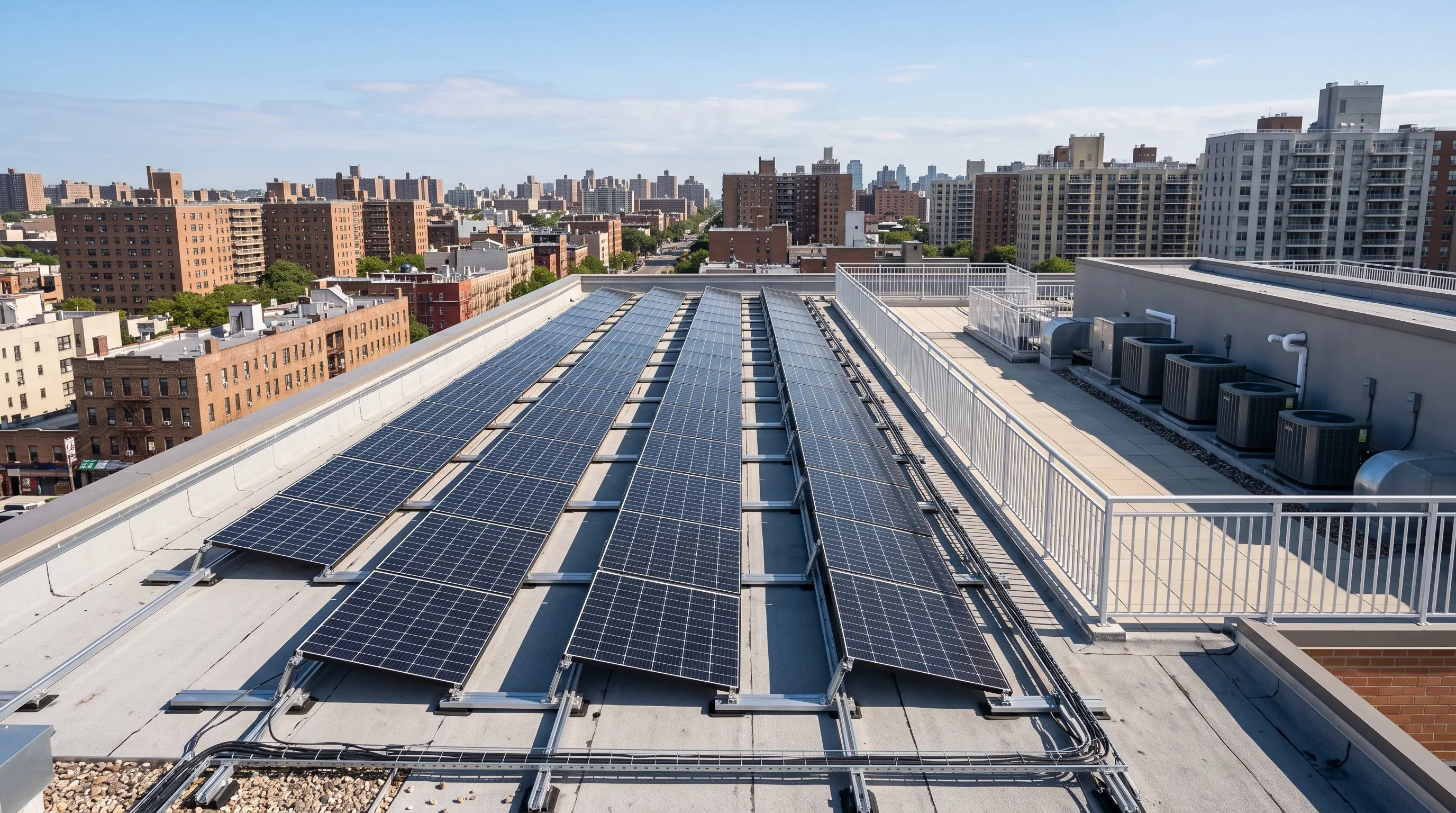 Placas solares instaladas en la azotea de un edificio de viviendas, representando el autoconsumo compartido en una comunidad de propietarios.