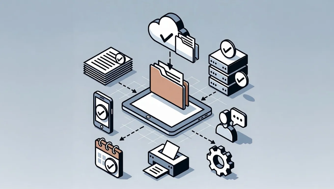 Ilustración de una comunidad de vecinos digitalizada, con documentos organizados en la nube y vecinos accediendo desde sus dispositivos.
