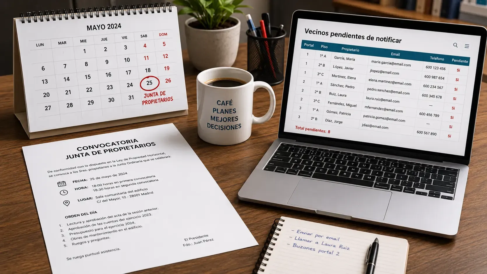 Mesa con un papel impreso de convocatoria de junta de propietarios, un calendario marcando la fecha de la junta y una taza de café junto a un portátil mostrando el listado de vecinos pendientes de notificar.