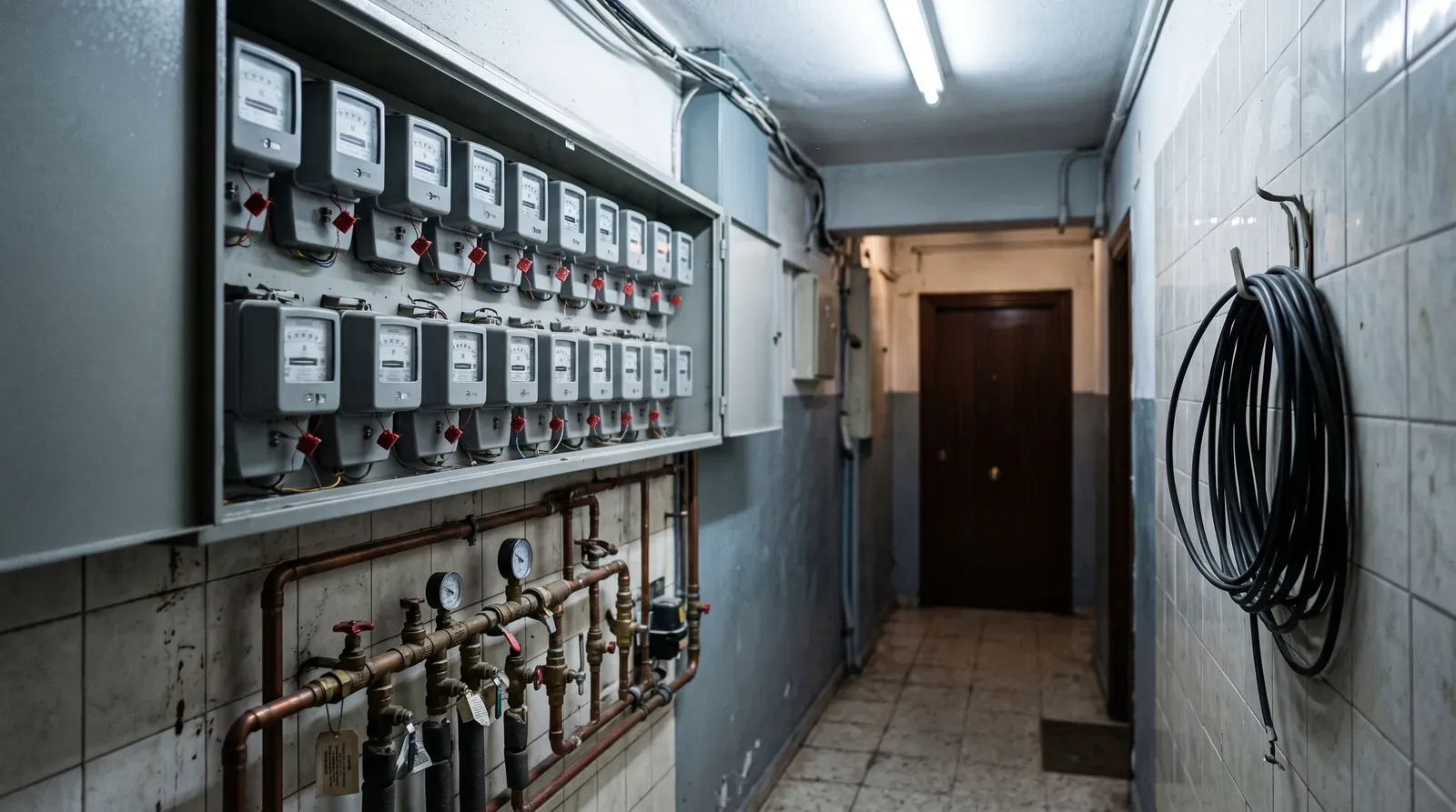 Cuadro de contadores de luz y llaves de paso de agua en el cuarto técnico de un edificio de viviendas, con una vivienda al fondo.