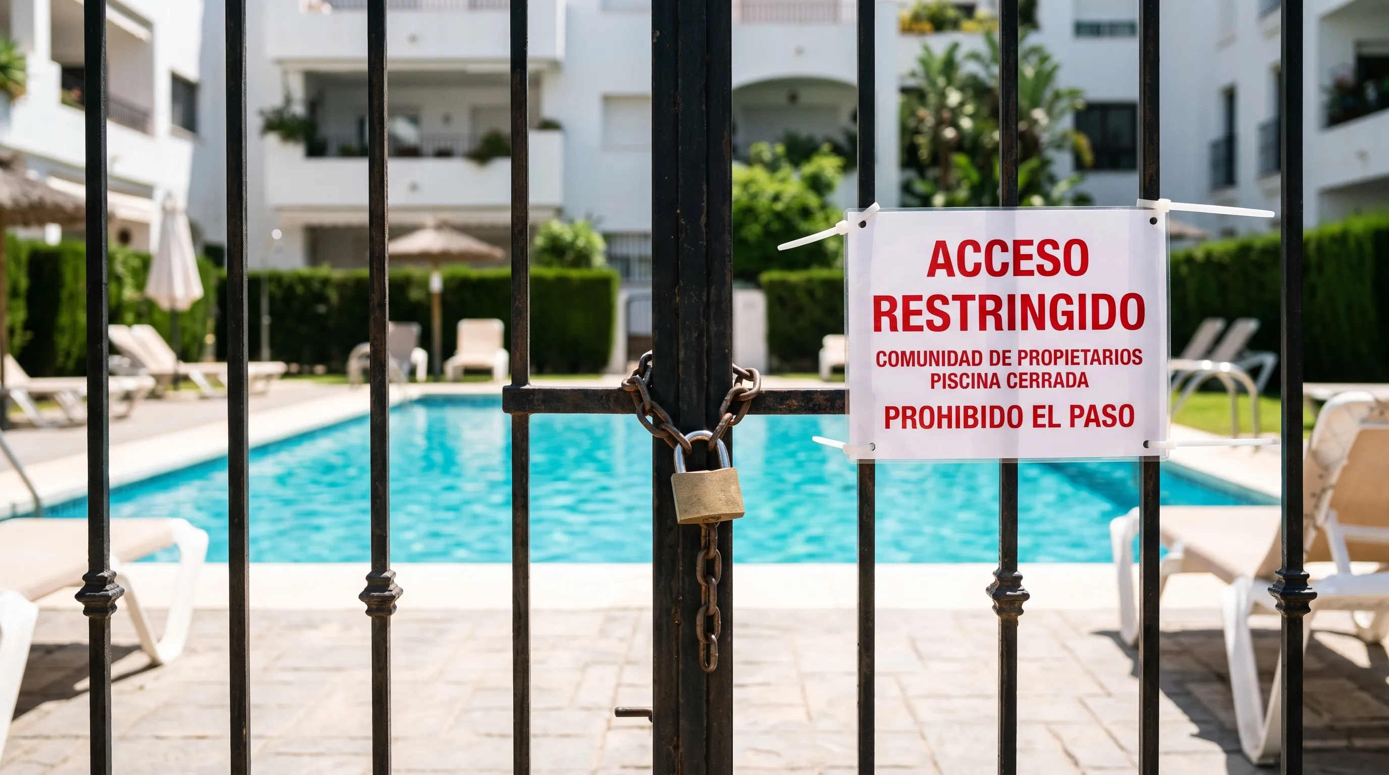Puerta de acceso a la piscina de una comunidad con un cartel de acceso restringido, representando la privación de servicios no esenciales a un vecino moroso.