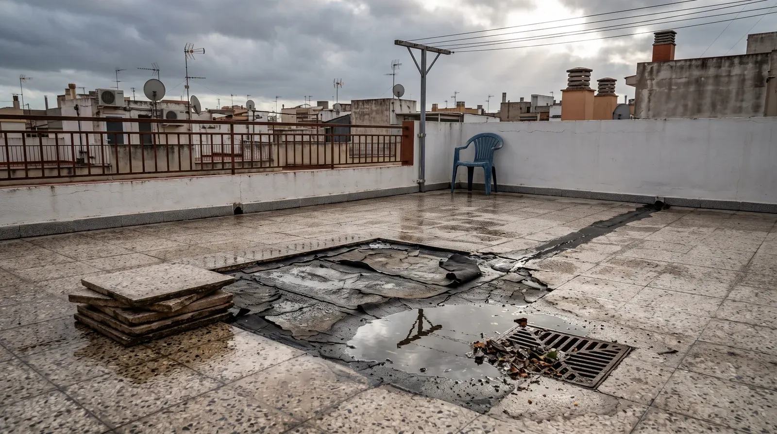 Terraza-cubierta de un edificio de vecinos con varias baldosas levantadas y apiladas a un lado, dejando a la vista la tela asfáltica agrietada y levantada; junto al sumidero atascado de hojas se acumula un charco de agua de lluvia.