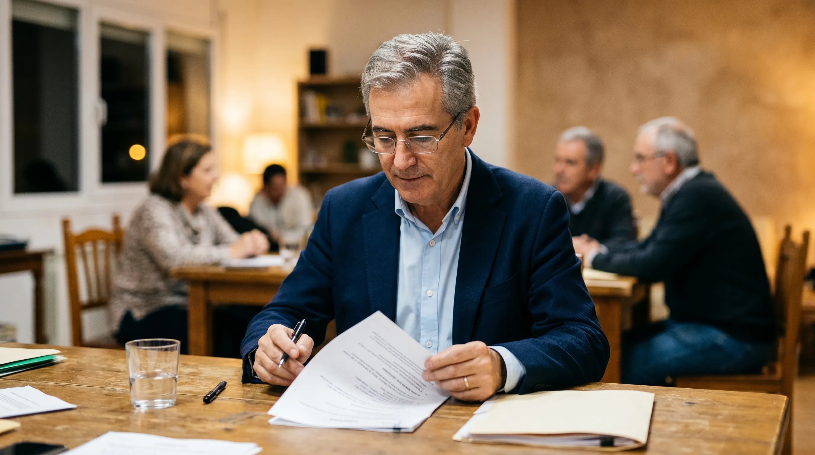 Presidente de una comunidad de vecinos revisando documentación en una reunión