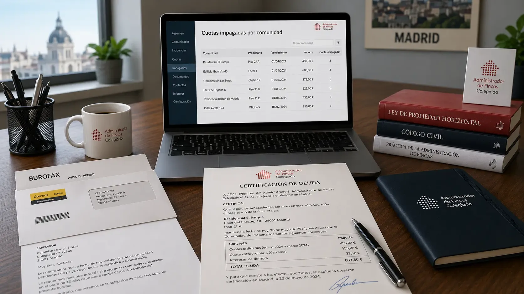 Mesa de trabajo de un administrador de fincas en Madrid con un burofax abierto, una certificación de deuda firmada y un portátil mostrando el listado de cuotas impagadas de varias comunidades.