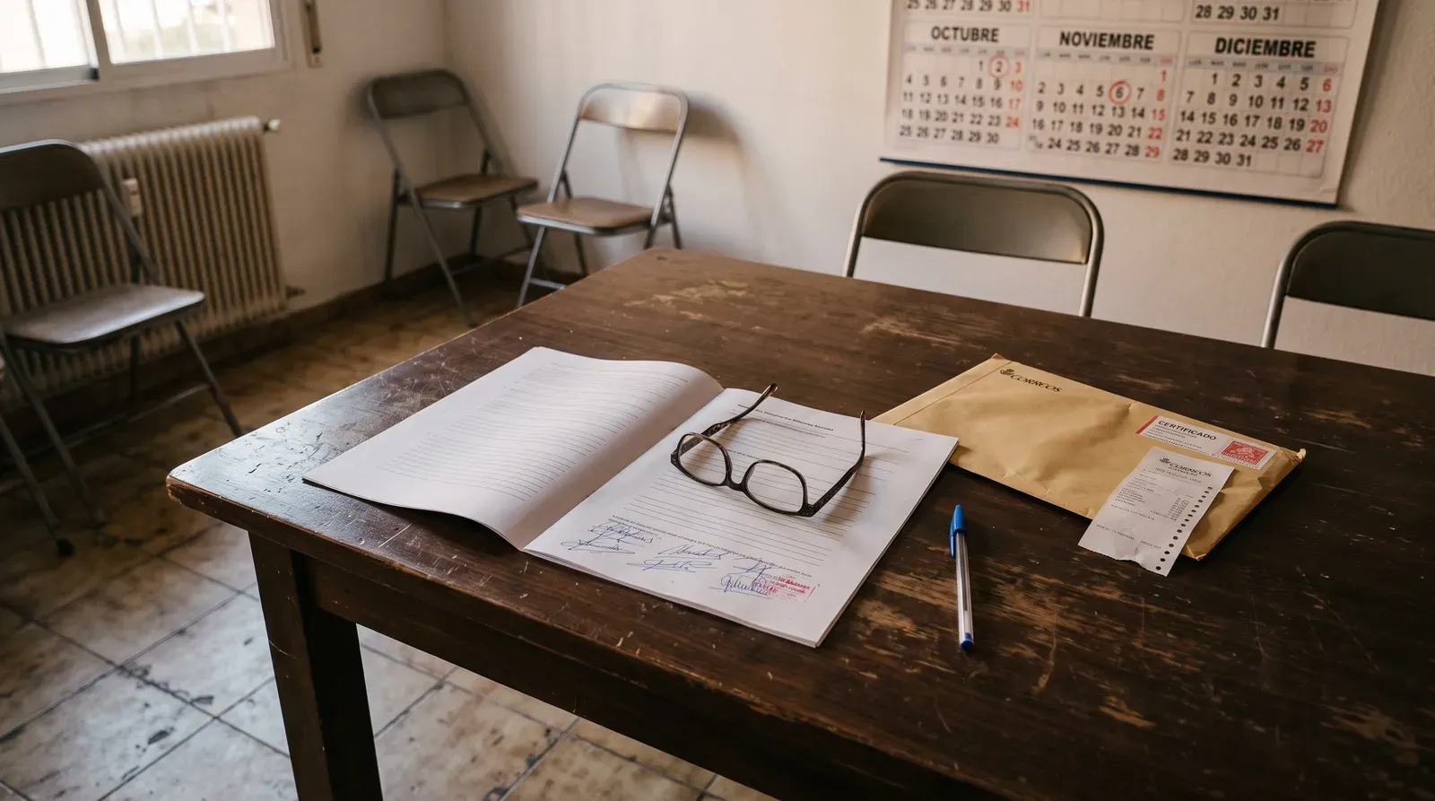 Sala de juntas vacía de una comunidad de vecinos con sillas plegables retiradas: sobre la mesa de madera, el acta de la junta abierta y firmada a bolígrafo, unas gafas de leer encima, un sobre certificado de Correos con su acuse de recibo y, al fondo, un calendario de pared con tres meses consecutivos marcados en rojo.