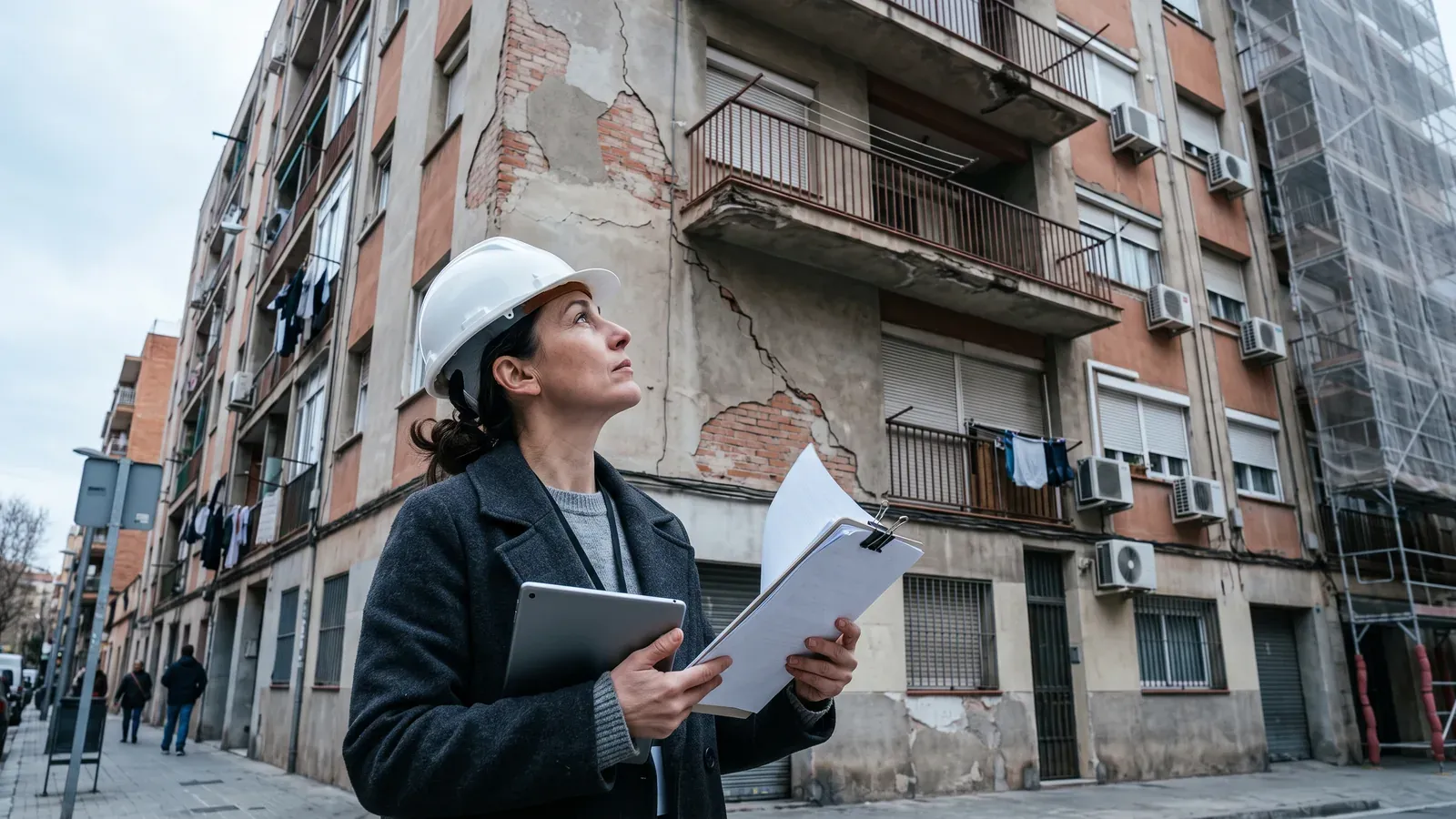 Arquitecta revisando la fachada de un edificio de viviendas antiguo con una tablet y un informe de inspección técnica en la mano.