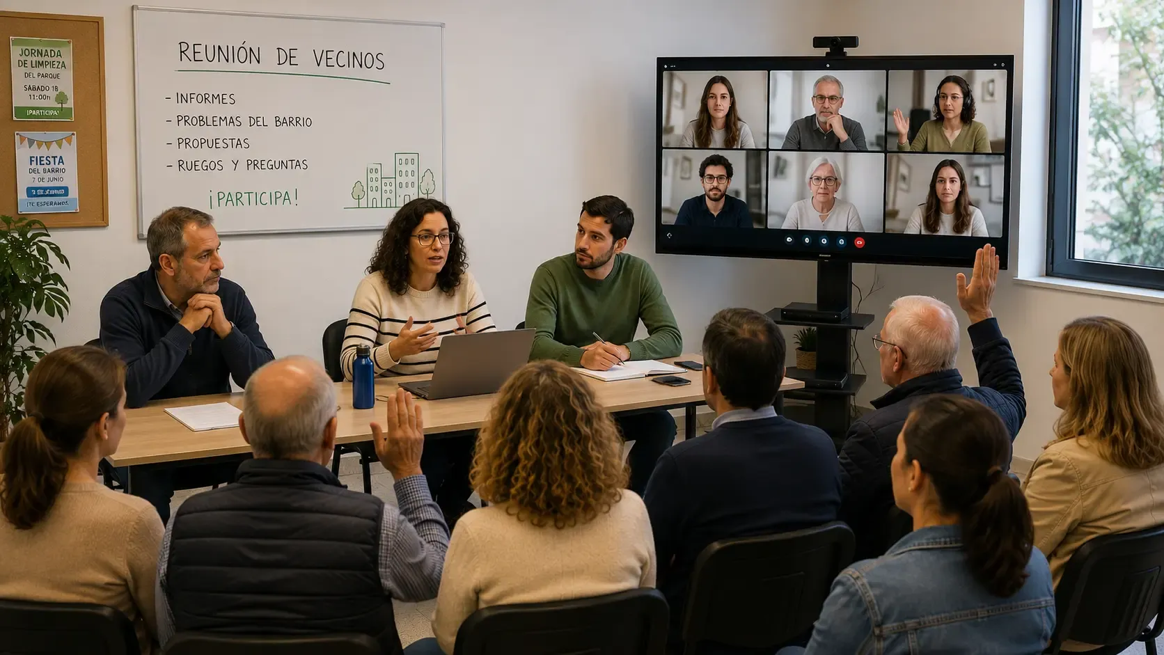 Pantalla de videoconferencia con varios propietarios votando en una junta de comunidad, junto al BOE abierto en la reforma de la LPH.