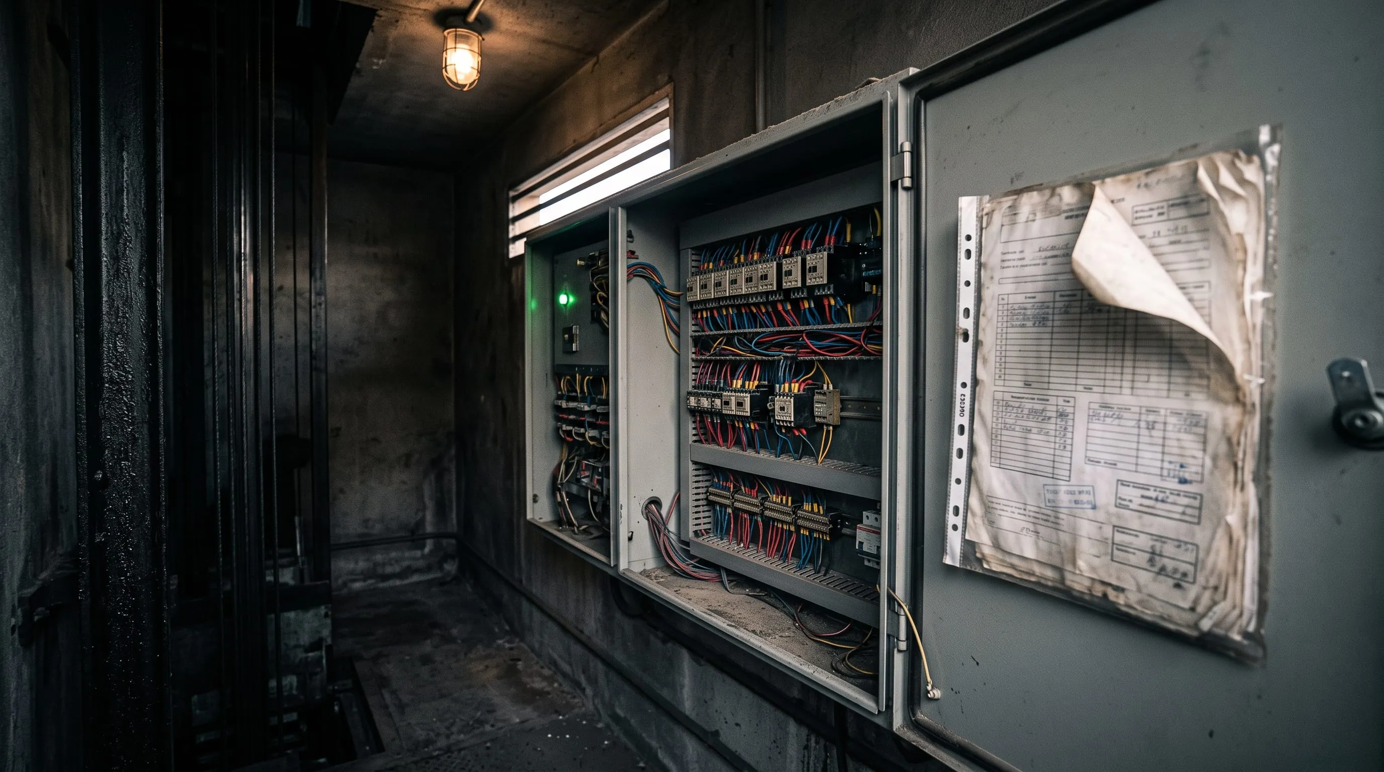 Cuadro de maniobra y documentación técnica en el cuarto de máquinas de un ascensor de un edificio de viviendas.