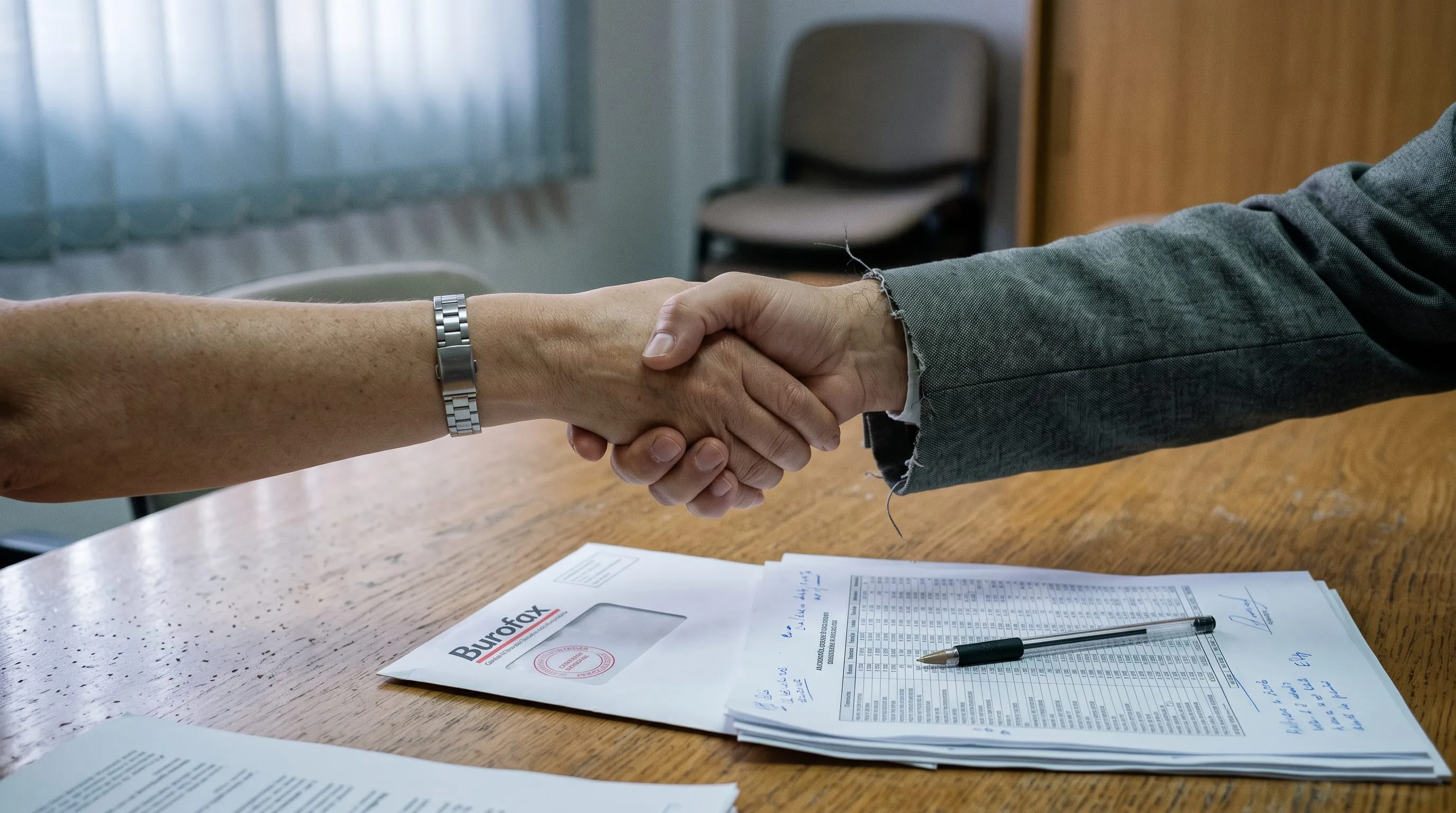 Dos personas dándose la mano sobre una mesa con documentos, representando el intento de acuerdo extrajudicial (MASC) previo a demandar a un moroso.