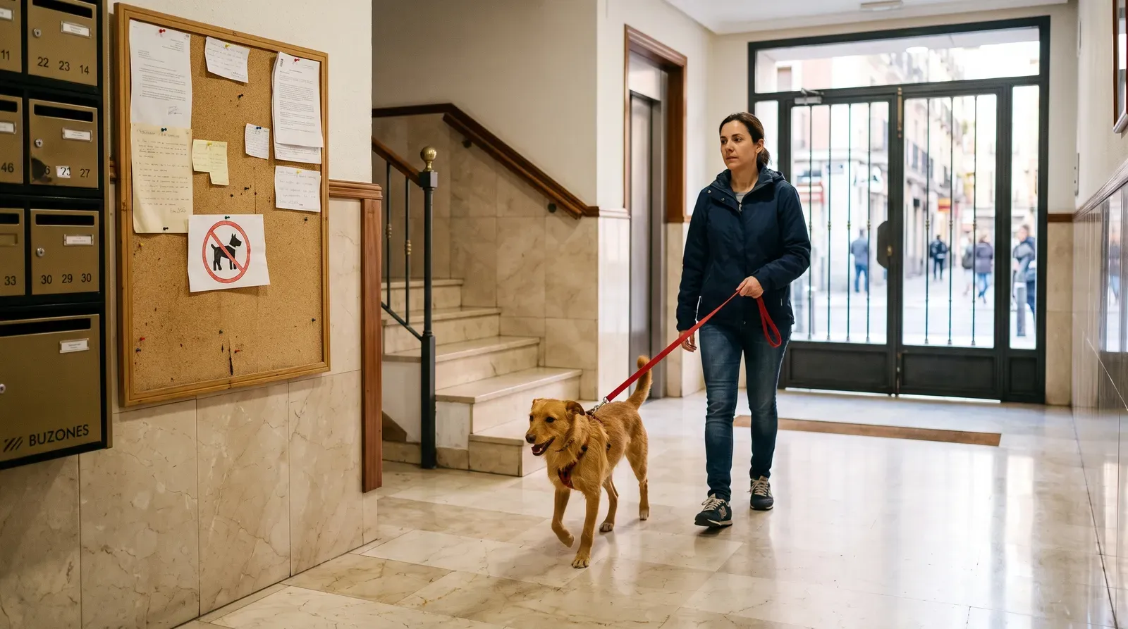 Vecina entrando al portal de su edificio con un perro atado junto al tablón de anuncios de la comunidad, donde hay un cartel de prohibido perros.