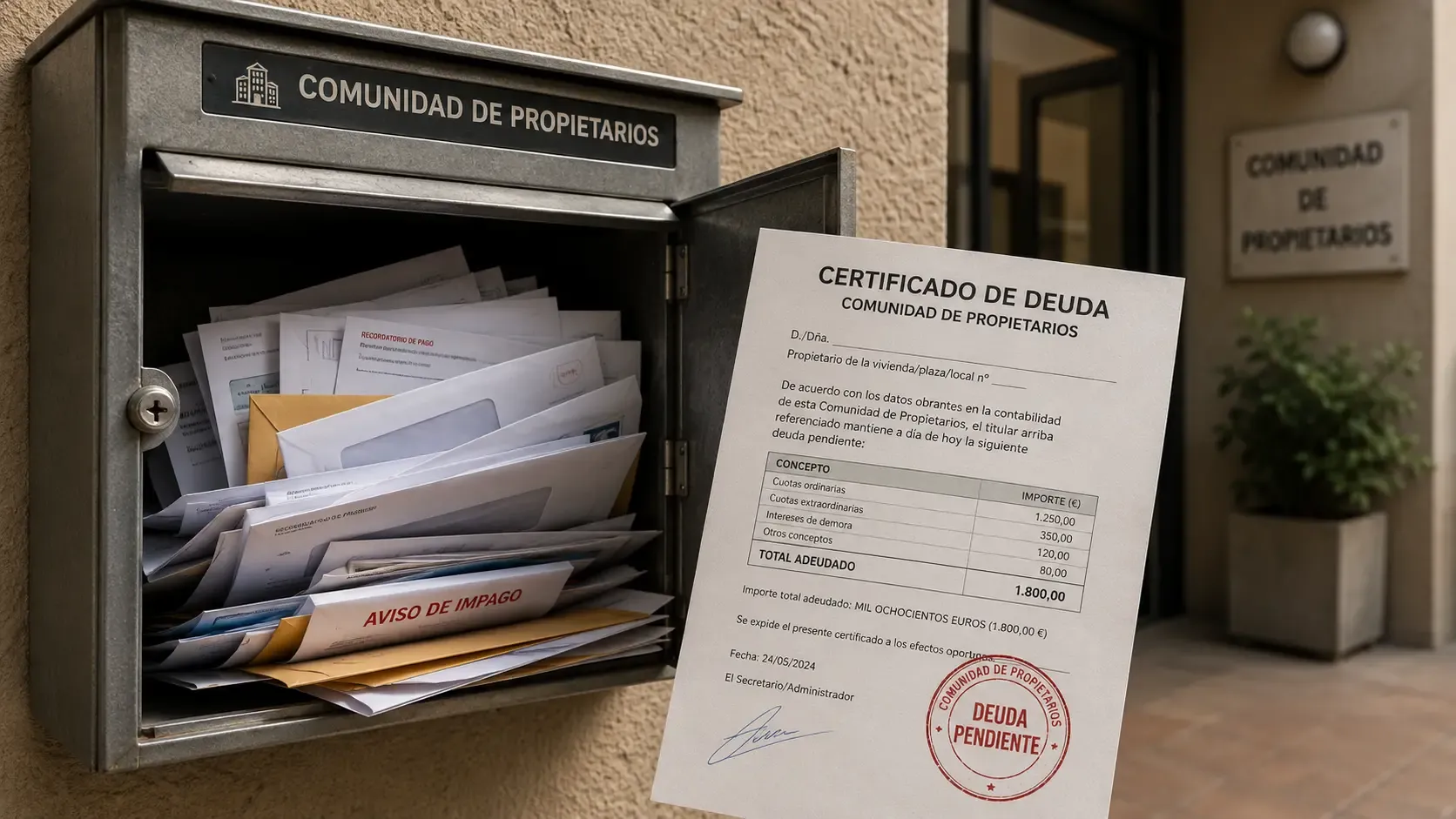 Buzón de comunidad con cartas acumuladas y un certificado de deuda con sello, representando la gestión de propietarios morosos.