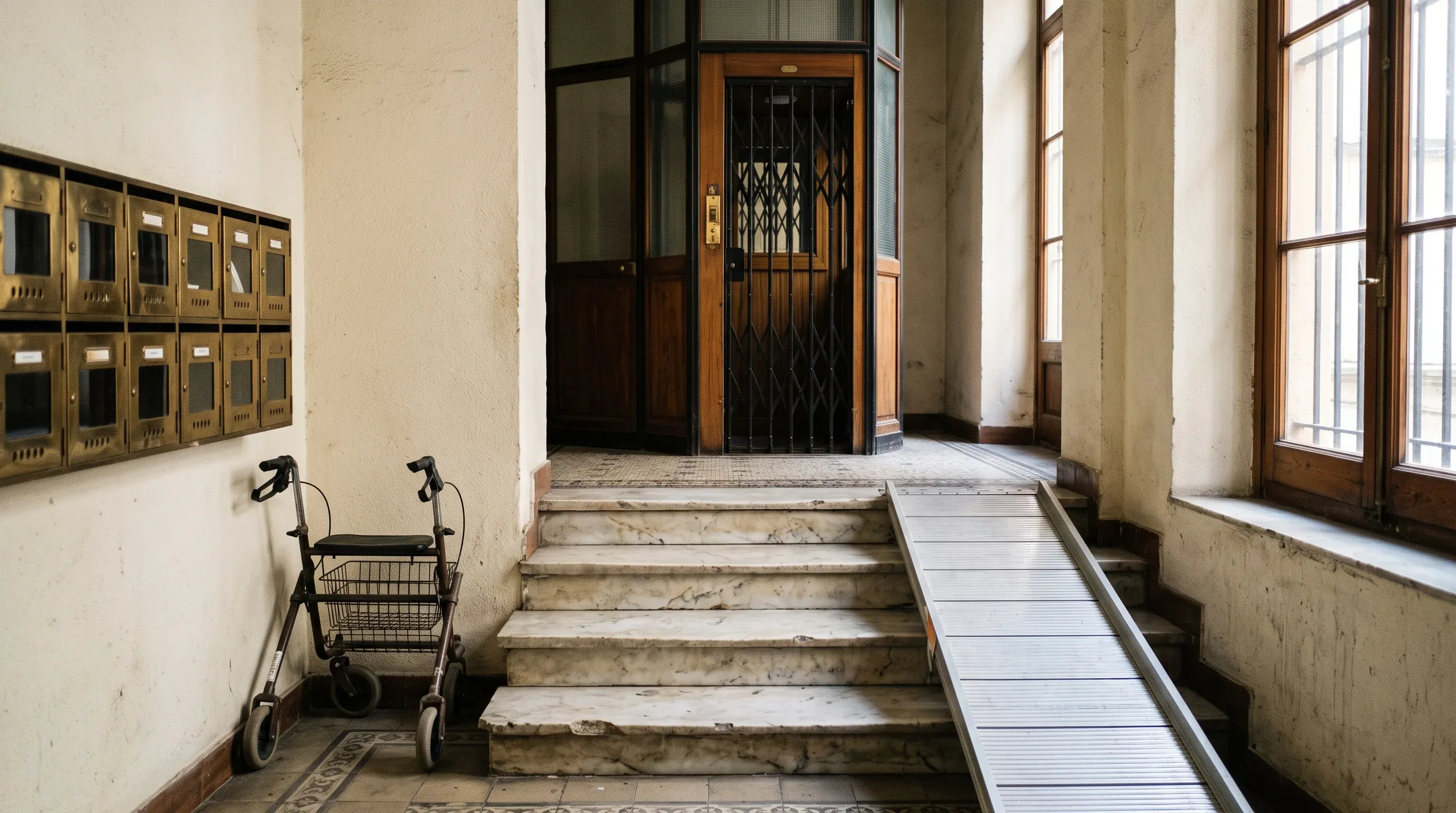 Portal de un edificio antiguo con escalones de mármol hasta el ascensor de reja y una rampa metálica provisional apoyada encima; a la izquierda, un andador aparcado junto a los buzones de latón.