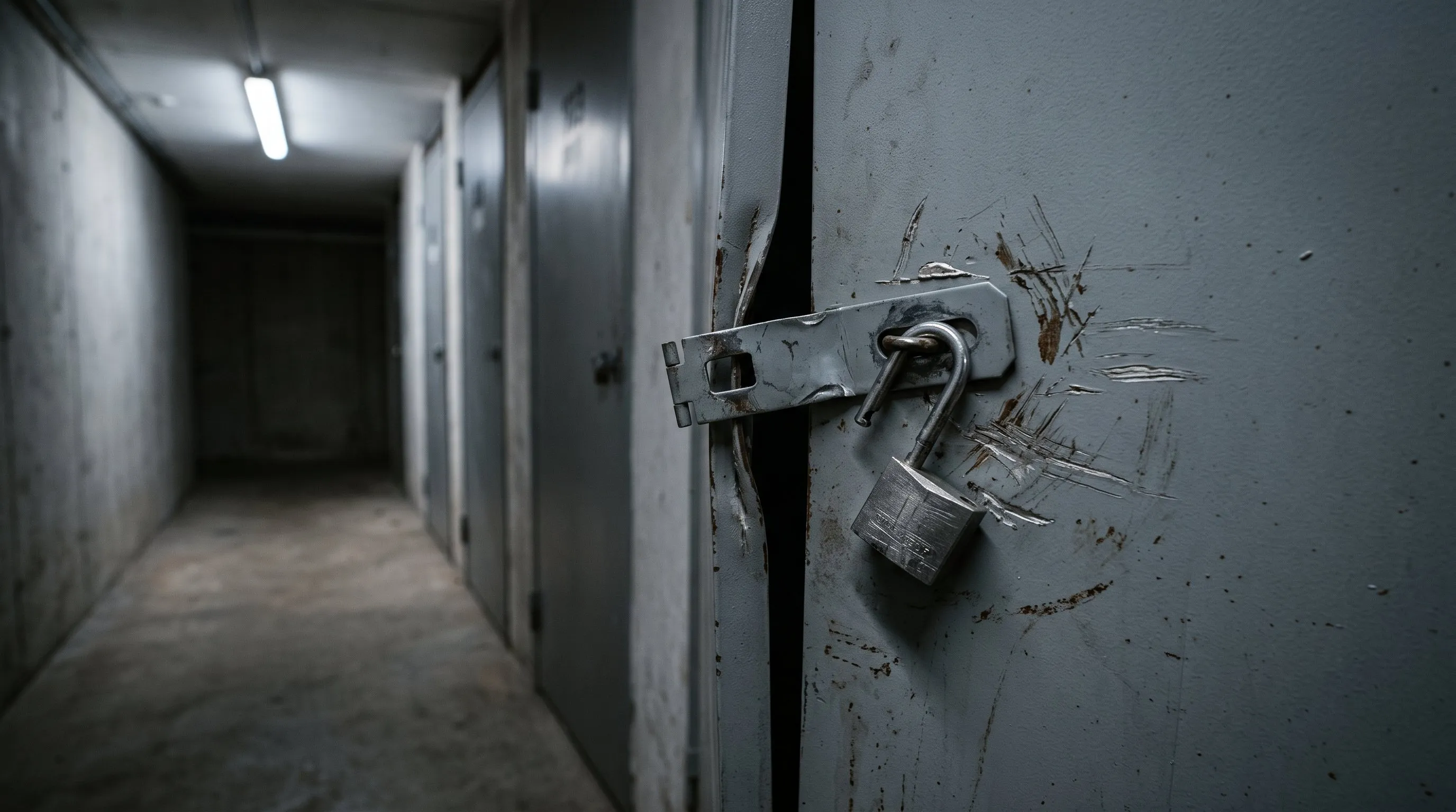 Puerta metálica de un trastero forzada con candado roto en el sótano de un edificio, representando la ocupación de zonas comunes.