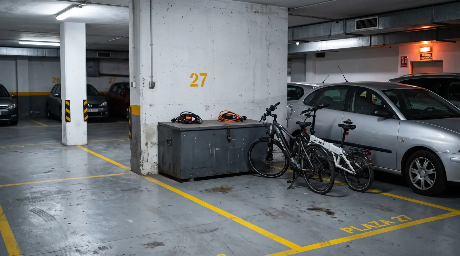 Plaza de garaje de un edificio de viviendas con un baúl metálico de almacenaje y dos bicicletas junto al coche.