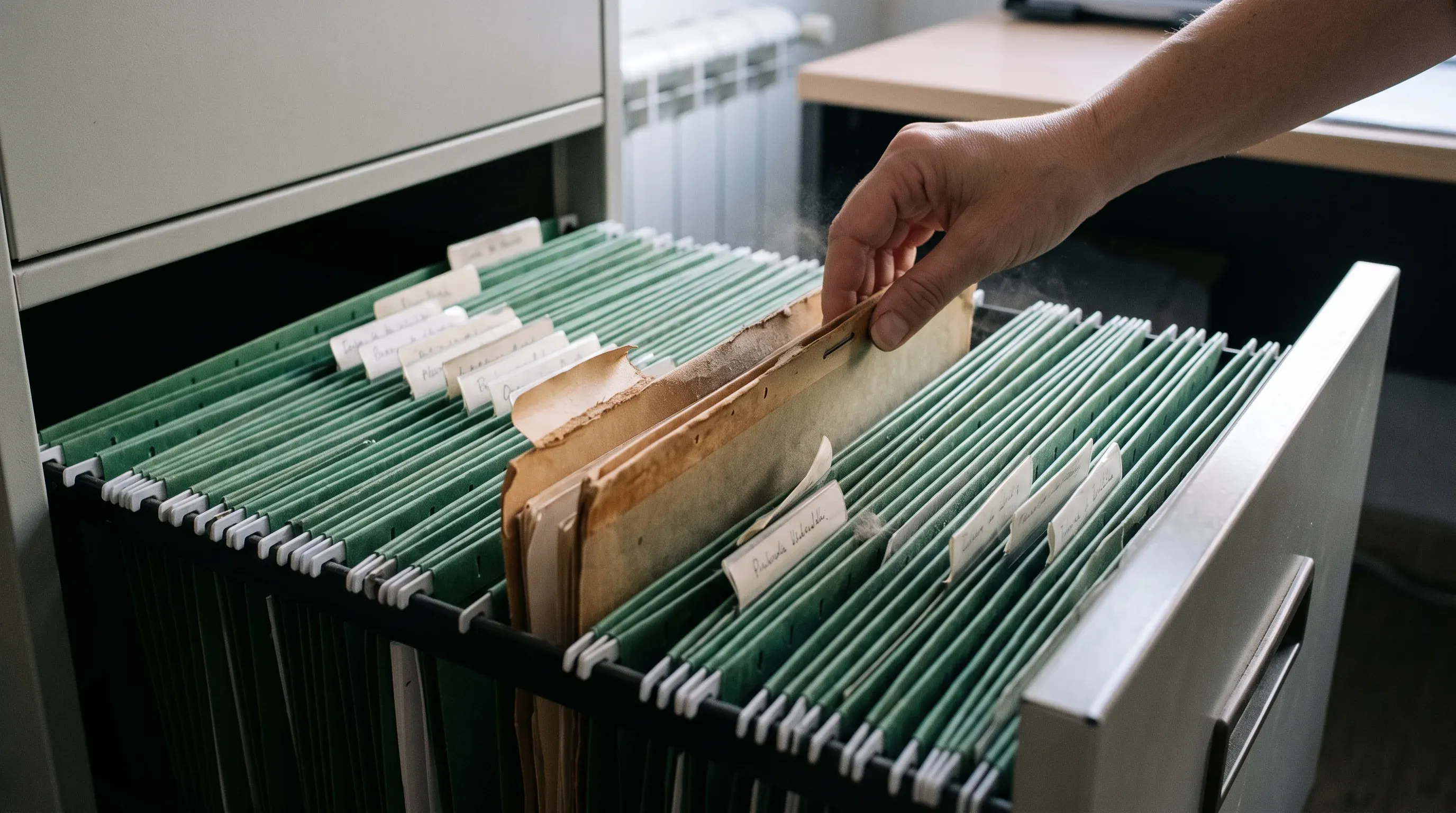 Cajón de archivador de un administrador de fincas con carpetas colgantes por años; una mano extrae una carpeta antigua amarilleada del fondo, levantando polvo.