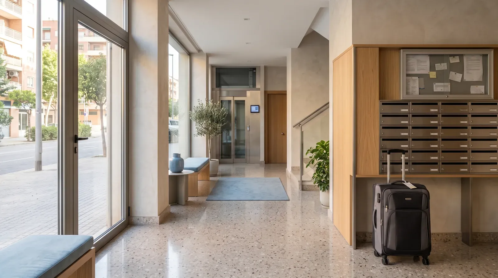 Portal de un edificio de viviendas con una maleta de ruedas junto a un cartel de junta de propietarios, ilustrando la decisión de la comunidad sobre los pisos turísticos.