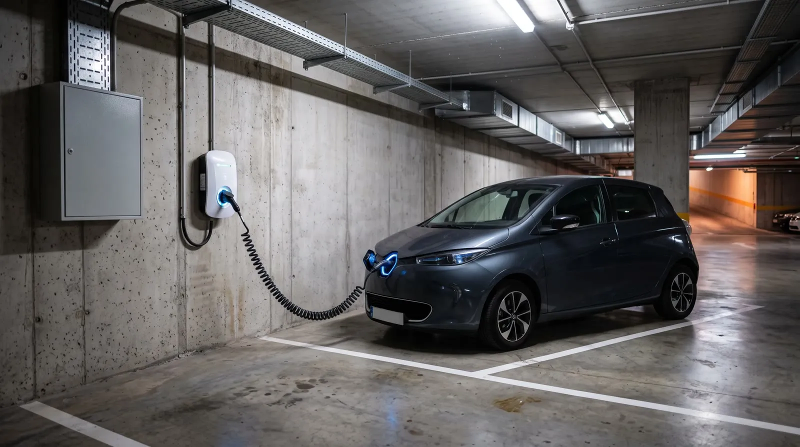 Punto de recarga de vehículo eléctrico instalado en una plaza de garaje privada de un edificio de viviendas.