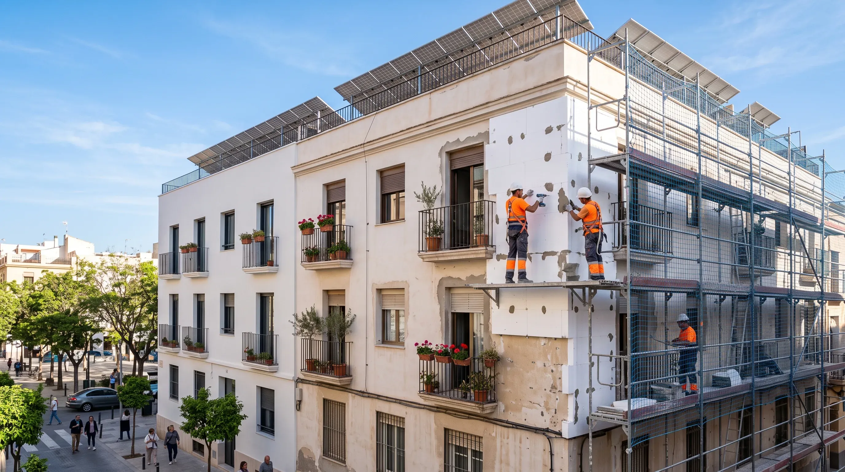 Operarios instalando paneles de aislamiento térmico SATE en la fachada de un edificio de viviendas con andamios y placas solares en la cubierta, en una calle soleada.
